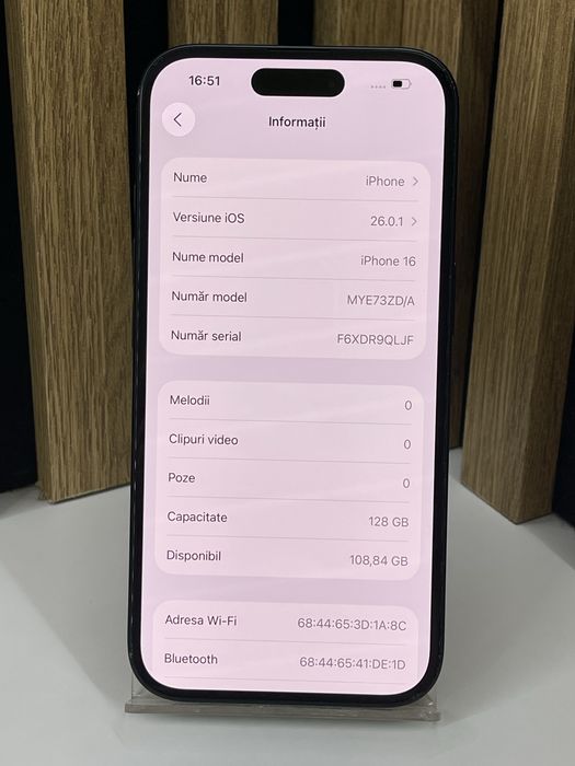 Iphone 16 128Gb 100% baterie (103 cicluri) Garantie / Factura #60631