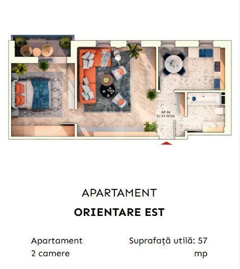 Apartament 2 camere semidecomandate, 52 mp, 9.30mp balcon, parcare sub