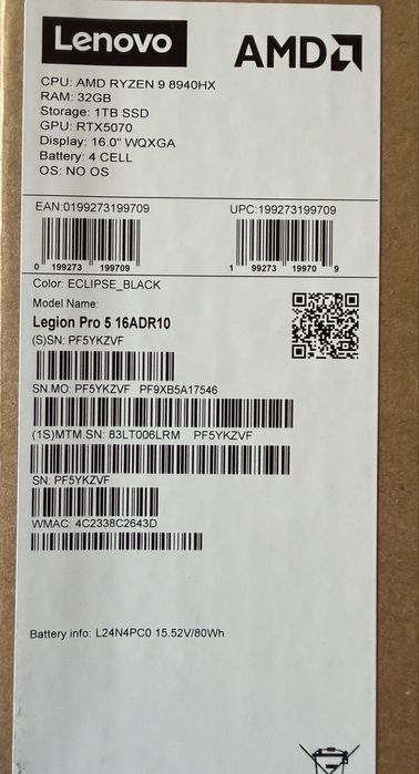 Laptop Gaming Lenovo Legion Pro 5 Ryzen 9 / RTX 5070 / 32GB RAM / 240Hz / Premium care