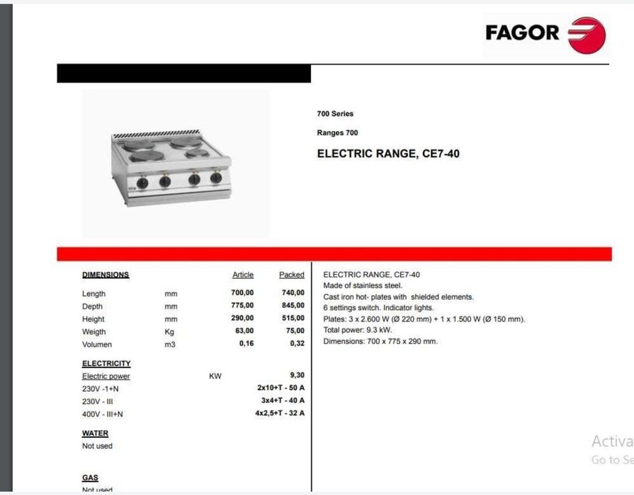 Aragaz profesional 4 ochiuri Masina de gatit electrica FAGOR
9.3KW
Nou