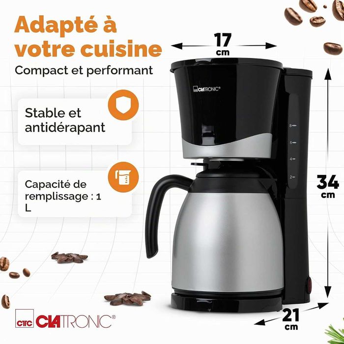 Шварц Кафемашина Clatronic Thermos | Автоматична филтърна кафемашина за 8-10 чаши филтърно кафе | Система против прокапване и автоматично изключване