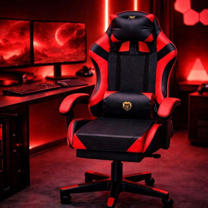 Геймърски стол с масажна лумнал а възглавница и поставка за  крака