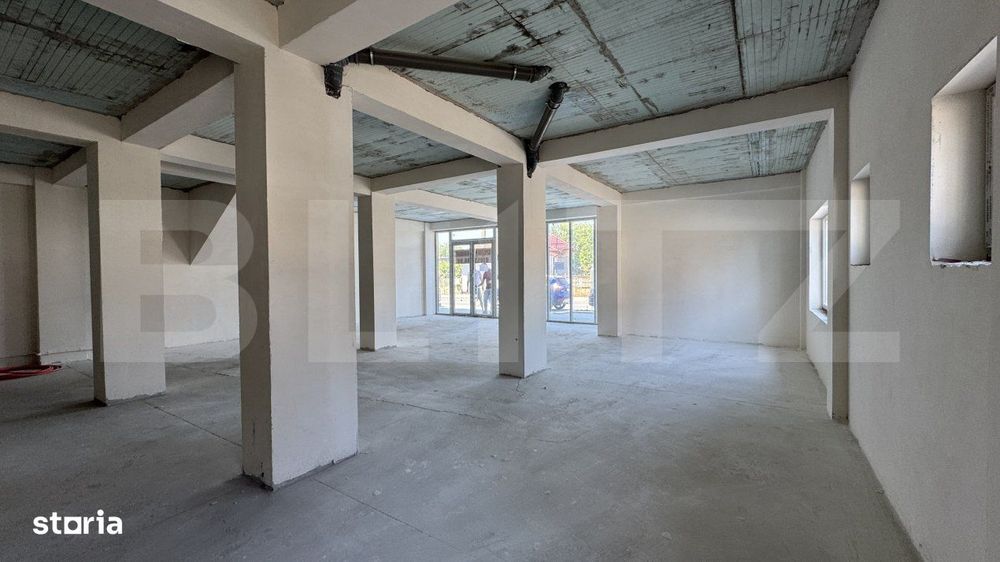 Spatiu comercial parter bloc nou, 136 mp open space, vitrina, terasa,