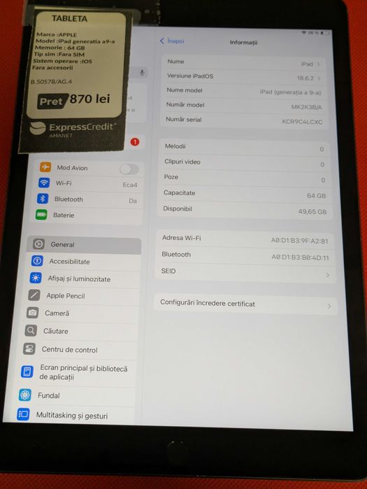 Tableta Ipad 9th generation 3/64GB (AG4 Dacia B. 50578 )Garantie 2 ani