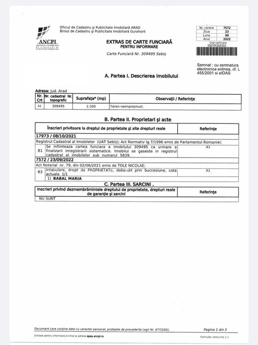 Teren intravilan SEBIS (fosta ferma) 2.200 mp