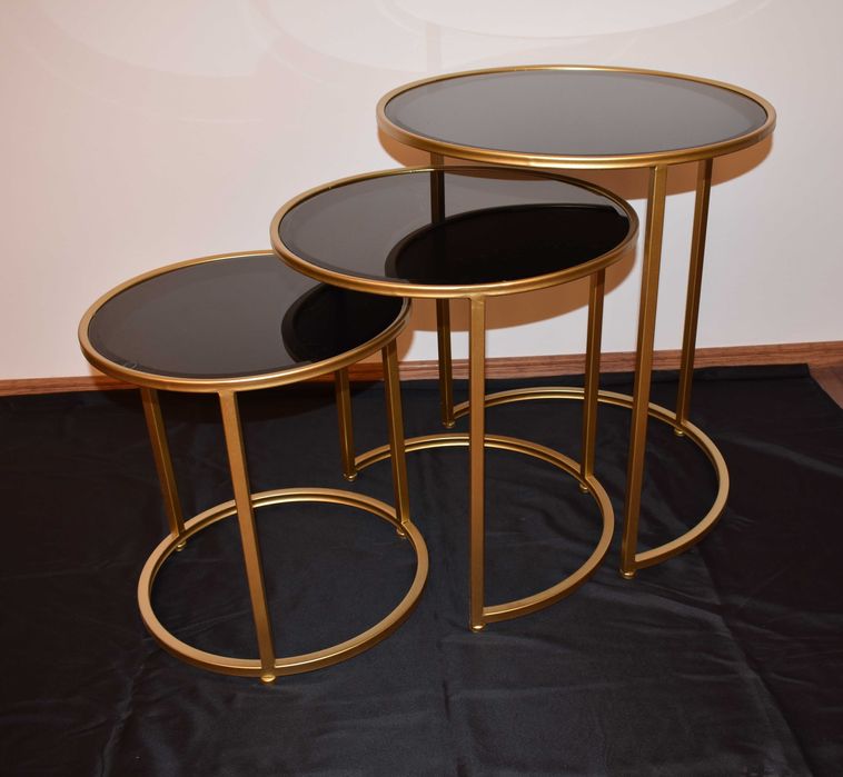 Set mese sticla 3 in 1 rotund negru cadru auriu -TRANSPORT GRATUIT