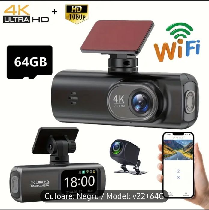 Camera Video Dubla Auto 4K,WiFi,Card Sd64Gb,încărcător bricheta