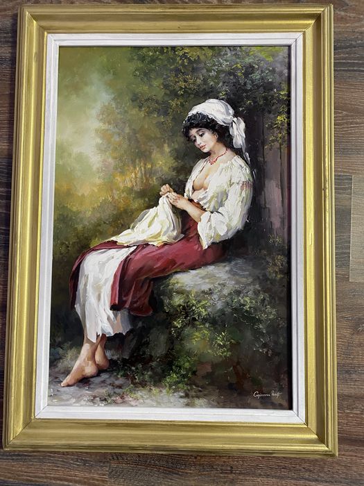 Tablou panza in ulei : fata care coase semnat