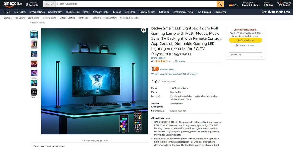 Set 2 lampi LED RGB SMART,42cm,APP+Tele+Music Sync, REDUS de la 275RON