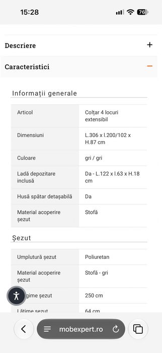 Coltar extensibil Mobexpert stofa gri cu perne incluse