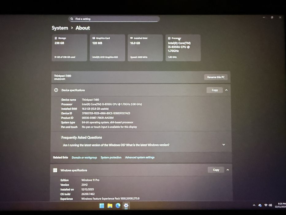 ThinkPad T480, i5-8350U, 16GB RAM, SSD 238GB, Windows 11 Pro