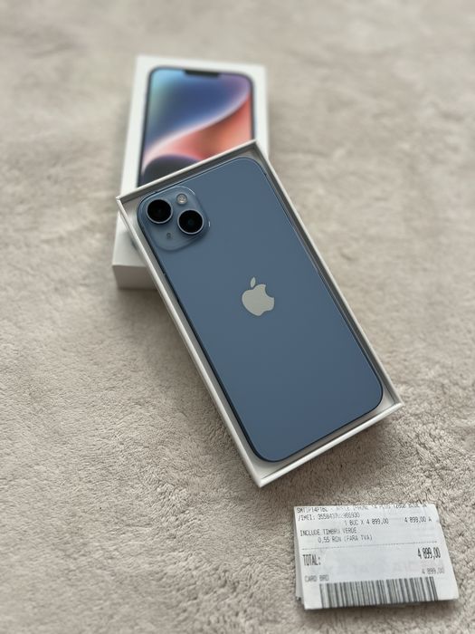 iPhone 14 Plus Blue factura ca nou, full box + Husa ~ folie 128 GB