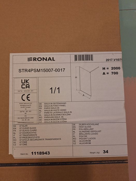 Vand paravan de dus walk-in Ronal 70 x 200 cm sticla securizata de 6mm