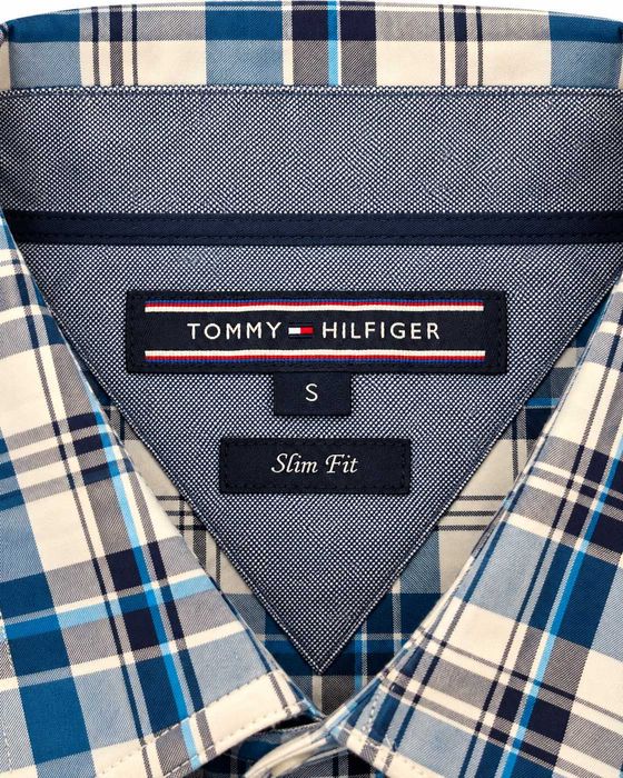 Cămașă Tommy Hilfiger bărbați Slim Fit, carouri albastre și albe, bumbac, mânecă lungă, mărimea S