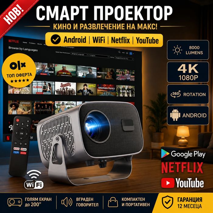 Промо Цена!Преносим Smart 4К Android WiFi Проектор с Ел.Focus 15000lumen + Подарък 72инчово платно