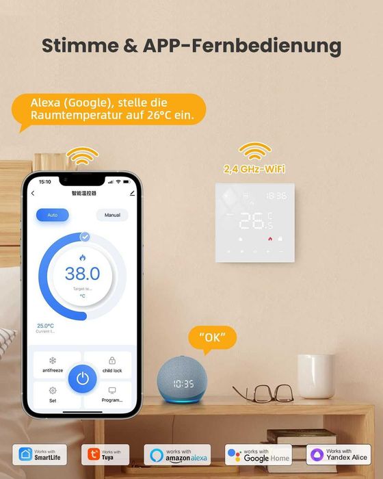Termostat Miucda inteligent Smart Wifi wireless WT400S-16A-W încălzire pardoseală apă/boiler gaz,digital de cameră WLAN,programabil,Alexa, Google Home