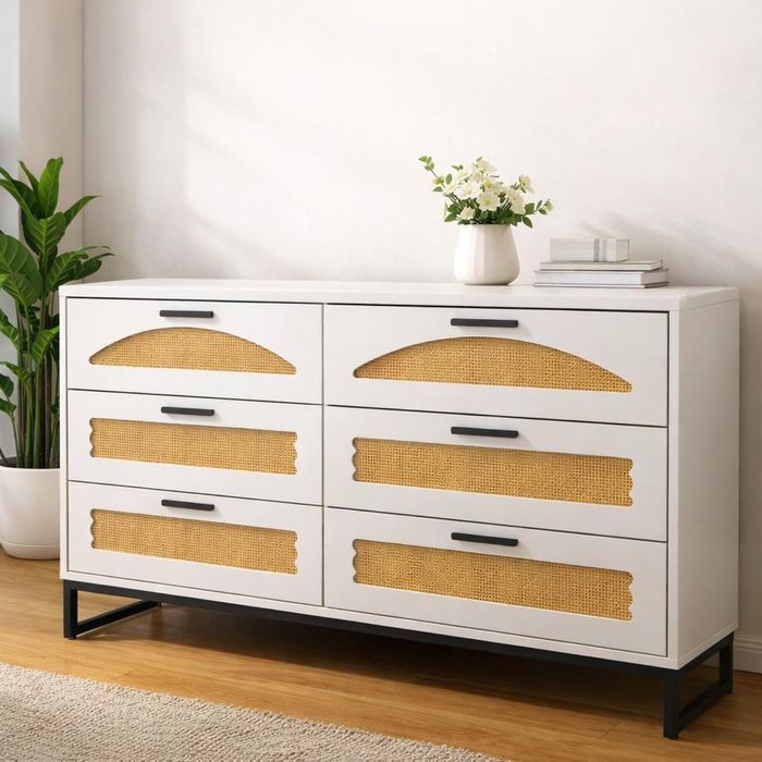 Comodă modernă cu ratan, 6 sertare, albă, stare excelentă – PREȚ MIC