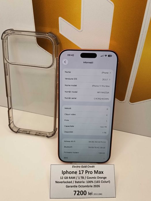 Iphone 17 Pro Max 1TB Cosmic Orange/Neverlocked/Baterie: 100%/Garantie Octombrie 2026 ID11184