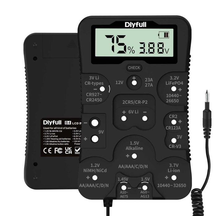 Tester baterii Dlyfull B4,verificator universal cu afișaj LCD Ni-MH, Ni-CD, Li-ion, Alk și LiFe04 (celule AA AAA C D 9V 12V 18650 CR123A 2CR5 CR2032)