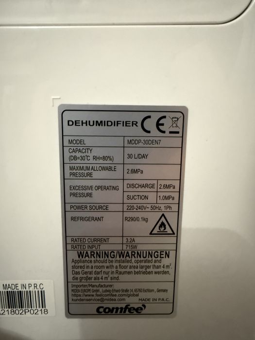 Dezumidificator Comfee by Midea/ COMFEE MDDP-30DEN7 30L / 24H