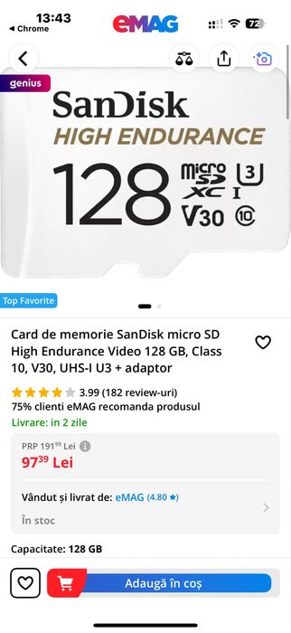 Card microsd sandisk high endurance video 128gb v30 sigilat