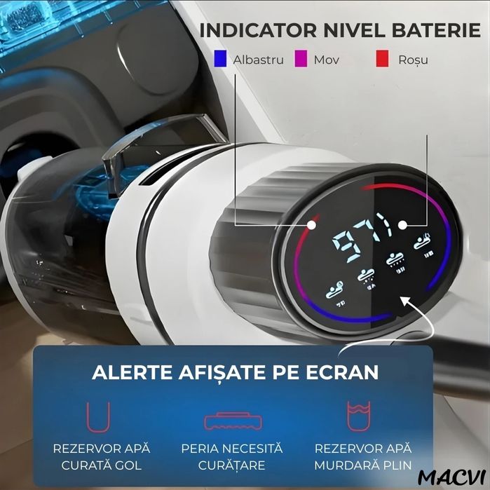 Aspirator Vertical cu Spalare Macvi® OZ01 Pro Fara Fir Autocuratare, Dezinfectare Apa, Putere 12000Pa, Autonomie 60 Min Ecran LED 2 Rezervoare