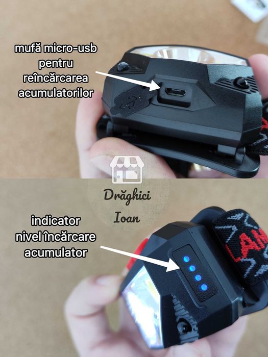 Lanterna PROFESIONALA de cap -senzor miscare si LED XT-E He si led COB