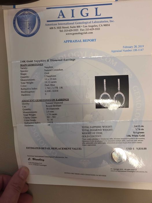 Cercei din aur 14K cu safire naturale și diamante – Certificat AIGL
