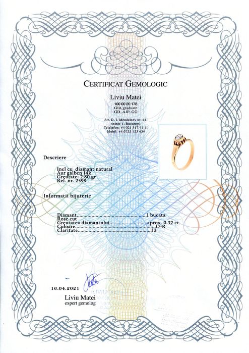 Inel vechi, aur cu diamant solitaire 0,32ct,  certificat