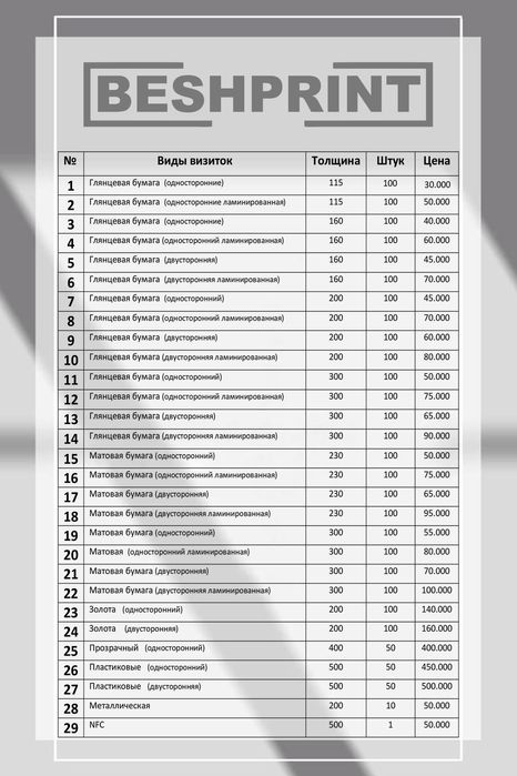 Визитка 300 сумдан..