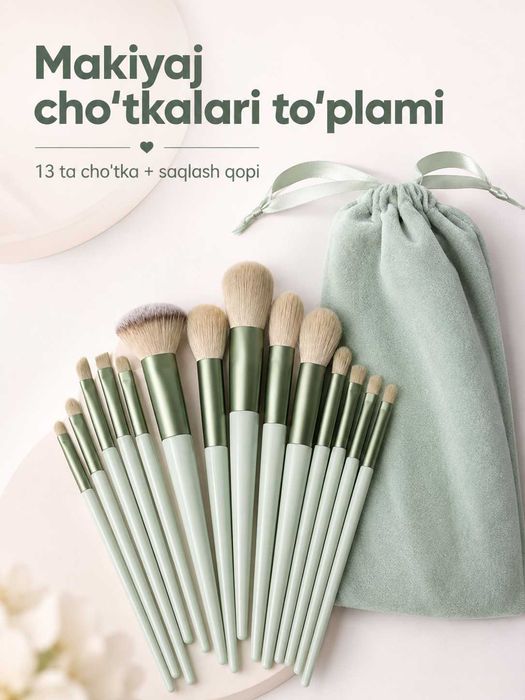 13 dona makiyaj cho‘tkalari to‘plami saqlash qopi bilan