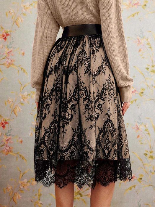 Пола дантела, Миди пола, Черна дантелена пола, Елегантна пола