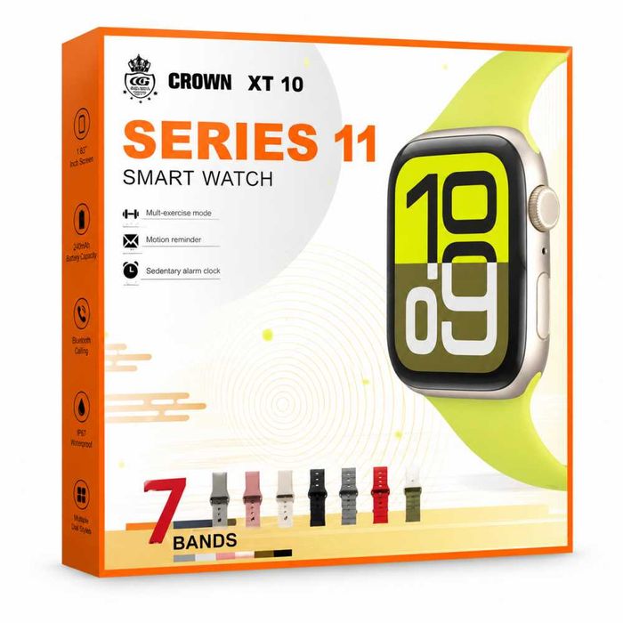 Смарт Часовник CROWN XT10 Series 11 с 7 сменяеми каишки, Bluetooth разговори и Магнитно зареждане