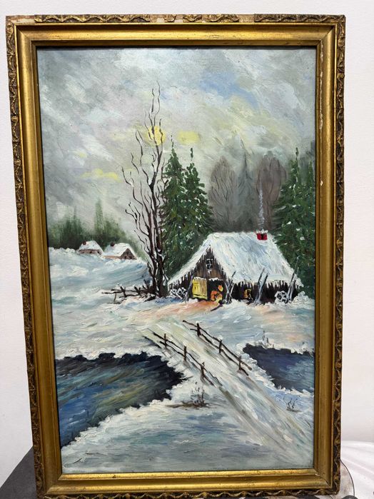 tablou pictat pe lemn in ulei cu geam dim 44x67cm tablou vechi in ulei