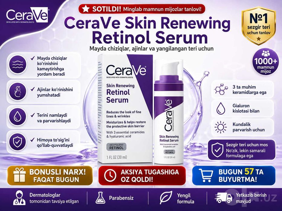 CeraVe Retinol,Hyaluronic Acid Serum-Yuz tozalash,yoshartirish,namlash