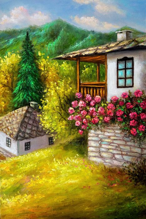 Картина, Принт върху хромирана хартия, Селска къща, Пейзаж, Цветя