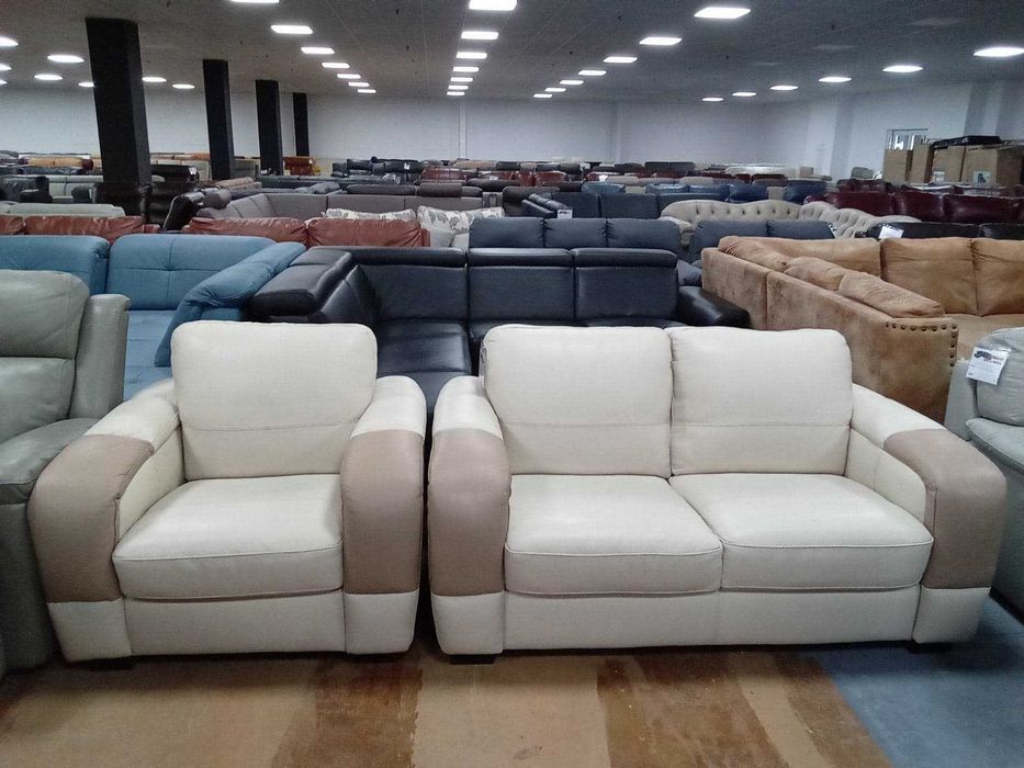 Кремав кожен диван двойка и фотьойл - естествена кожа