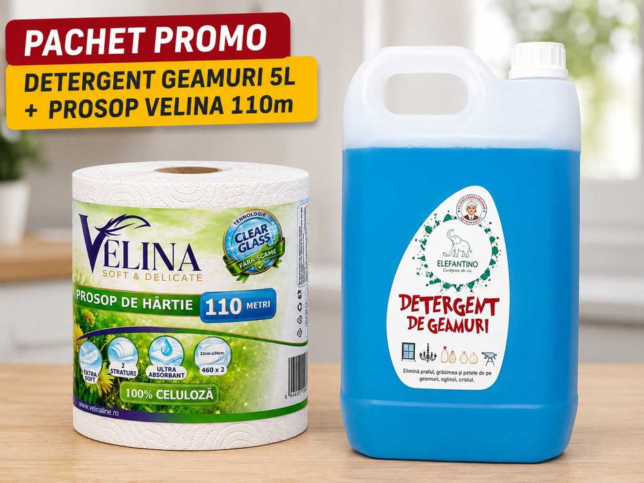 Pachet Promo Detergent Geamuri 5L + Prosop Velina 110M / 1000g