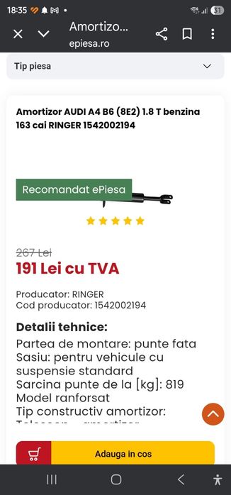 Amortizor Audi automată pt 1,8 T benzina  2002/2008