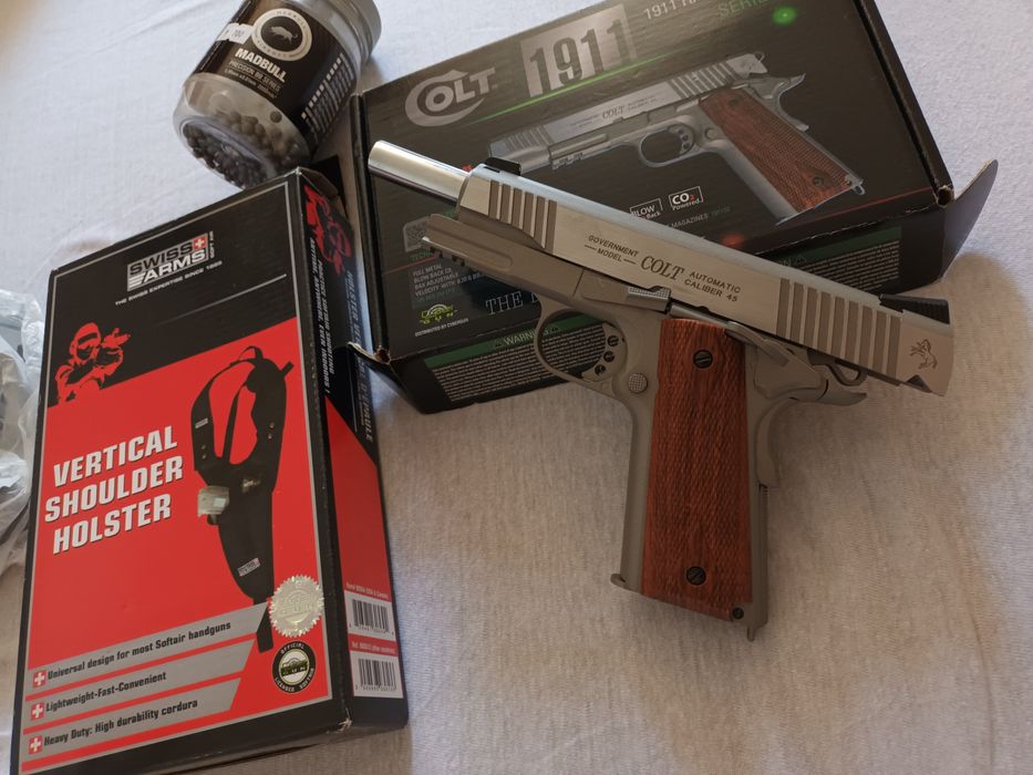 Pachet Complet Airsoft: Colt 1911 Rail Gun CO2 (Full Metal / Blowback) + Ham Swiss Arms + Bile Madbull 0.40g