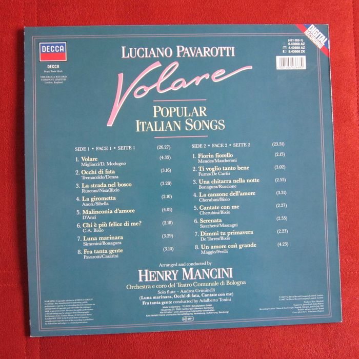 vinil rar Luciano Pavarotti -Volare, dir.Mancini 1987 Germany impecabi