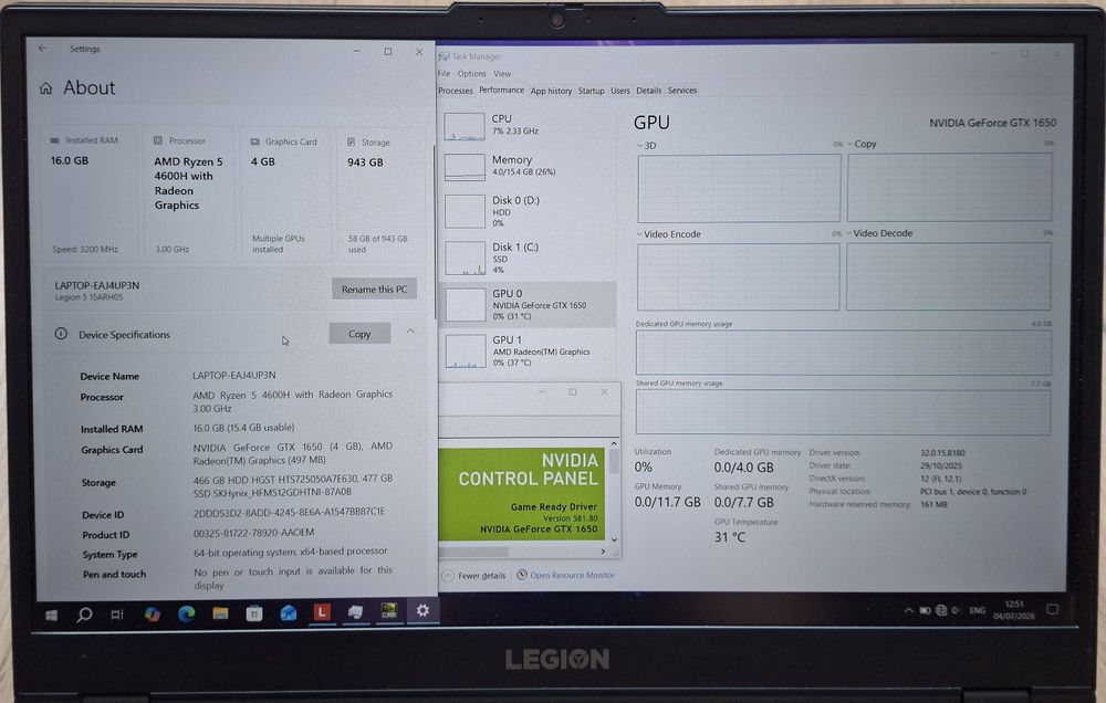 15.6' 120Hz IPS Lenovo Legion Ryzen 5 4600H/GTX 1650 4GB/16GB/512GB SSD+500GB