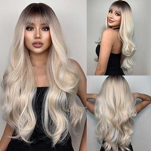 70 см Чуплива руса омбре перука с тъмни корени и бретон