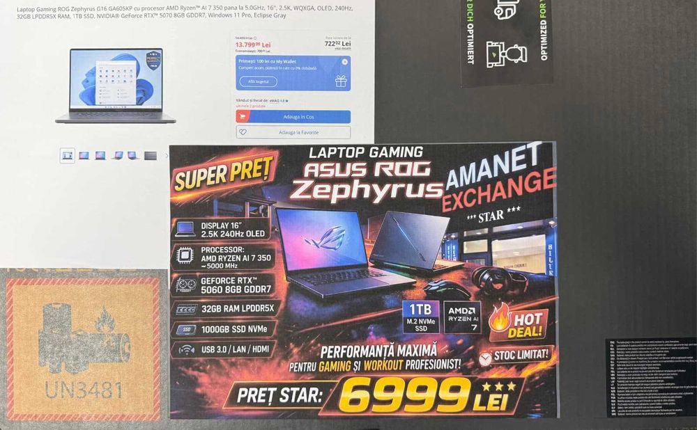 ***STAR*** Shop: Laptop Asus Rog Zephirus G16 - 2025 | SIGILAT | 32 GB RAM | RTX 5060 8GB | Garantie!!!