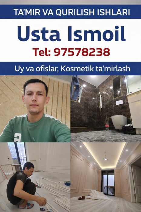 Маляр /Кафелчик/ квартира офис ремо Toshkent bo‘yicha xususiy remont