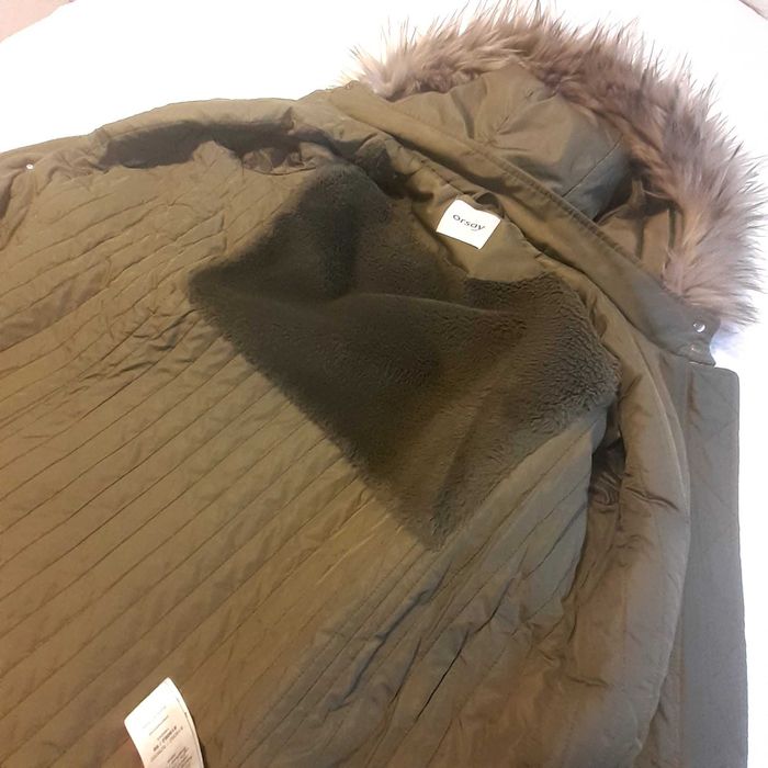 Geacă de damă, cu glugă cu blăniță, Orsay, verde olive, mărimea 38