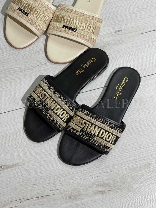 Papuci Slapi Piele eco Brodati Textil - Negri