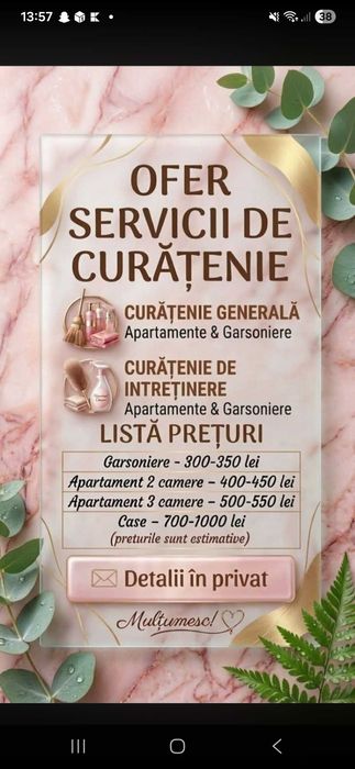 Ofer servicii de curatenie la domiciuliu apartamnete garsoniere vile preturii accesibile