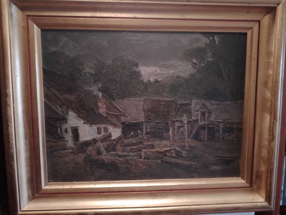 Pictura ulei pe carton - Peisaj rural - vechime peste 80 ani