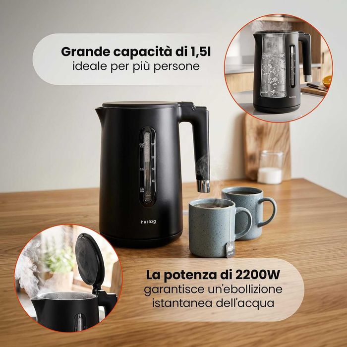 Електрическа кана 1.5L, 2200W, двойна стена Cool-Touch 304 неръждаема стомана без BPA с индикатор за нивото на водата, 360° основа, защита от сухота